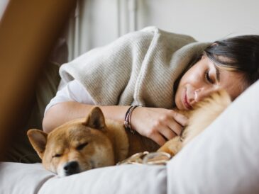 Young woman with purebred dog sleeping together on soft couch